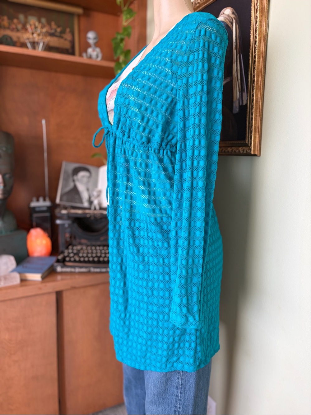 Jantzen Teal Crochet Eyelet Swimsuit Coverup Women’s Size L Boho Chic Fairycore - Picture 9 of 16